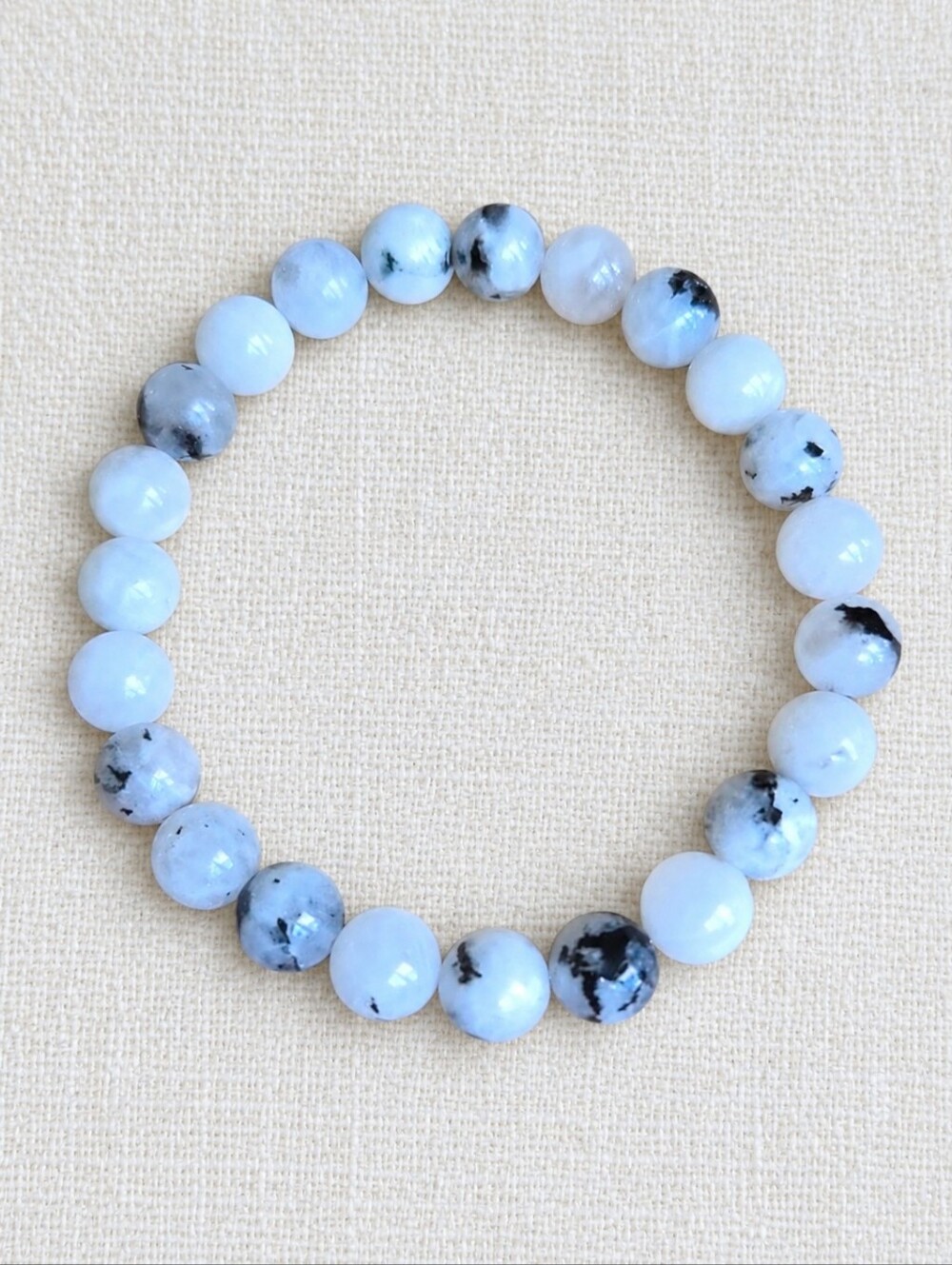 White Moonstone with Black Tourmaline Matrix Stretch Bracelet | Handmade